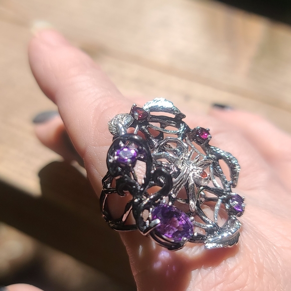 Amethyst & Garnet Sterling silver spiderweb ring sz8 - Picture 2 of 8